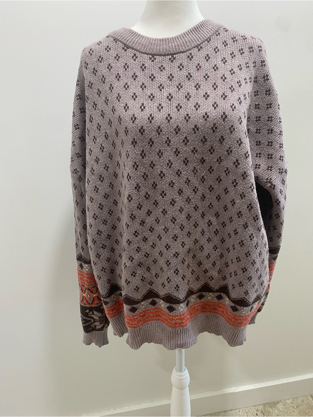 Women’s Lavender Patterned Crewneck Sweater with Orange Accent